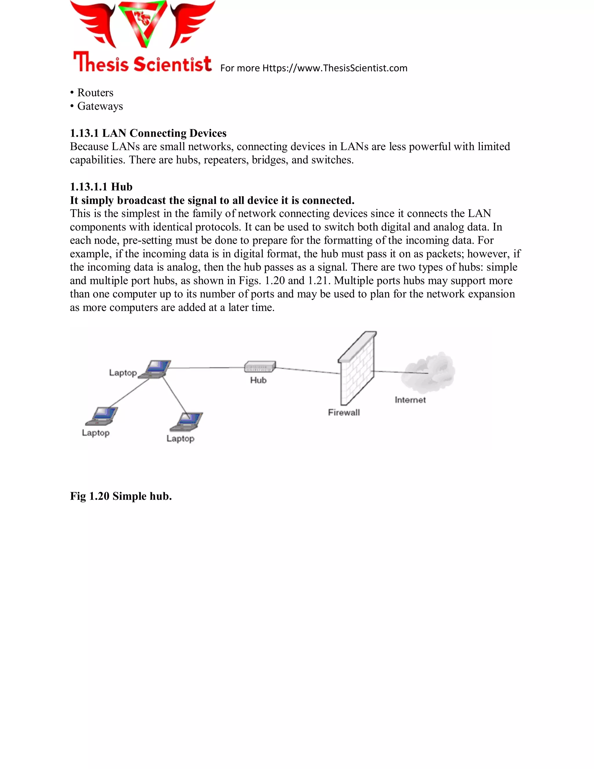 For more Https://www.ThesisScientist.com
• Routers
• Gateways
1.13.1 LAN Connecting Devices
Because LANs are small networks, connecting devices in LANs are less powerful with limited
capabilities. There are hubs, repeaters, bridges, and switches.
1.13.1.1 Hub
It simply broadcast the signal to all device it is connected.
This is the simplest in the family of network connecting devices since it connects the LAN
components with identical protocols. It can be used to switch both digital and analog data. In
each node, pre-setting must be done to prepare for the formatting of the incoming data. For
example, if the incoming data is in digital format, the hub must pass it on as packets; however, if
the incoming data is analog, then the hub passes as a signal. There are two types of hubs: simple
and multiple port hubs, as shown in Figs. 1.20 and 1.21. Multiple ports hubs may support more
than one computer up to its number of ports and may be used to plan for the network expansion
as more computers are added at a later time.
Fig 1.20 Simple hub.
 