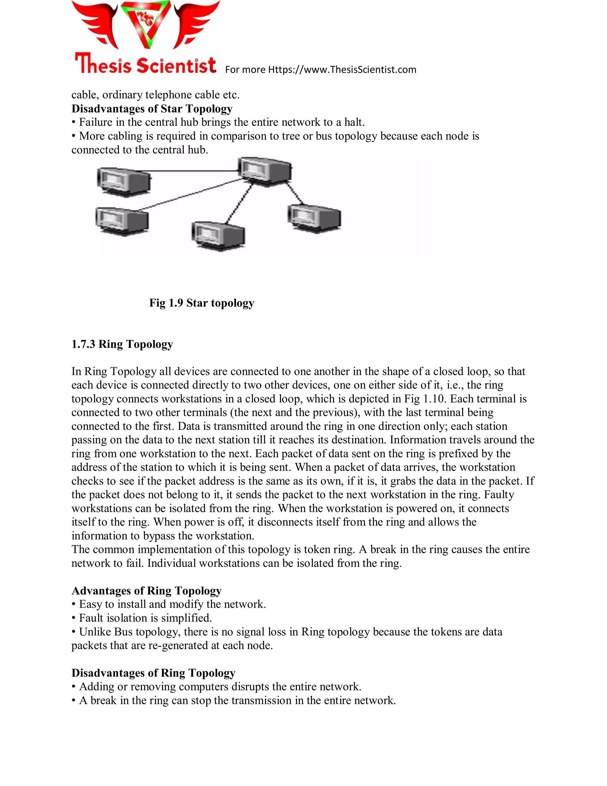 For more Https://www.ThesisScientist.com
cable, ordinary telephone cable etc.
Disadvantages of Star Topology
• Failure in the central hub brings the entire network to a halt.
• More cabling is required in comparison to tree or bus topology because each node is
connected to the central hub.
Fig 1.9 Star topology
1.7.3 Ring Topology
In Ring Topology all devices are connected to one another in the shape of a closed loop, so that
each device is connected directly to two other devices, one on either side of it, i.e., the ring
topology connects workstations in a closed loop, which is depicted in Fig 1.10. Each terminal is
connected to two other terminals (the next and the previous), with the last terminal being
connected to the first. Data is transmitted around the ring in one direction only; each station
passing on the data to the next station till it reaches its destination. Information travels around the
ring from one workstation to the next. Each packet of data sent on the ring is prefixed by the
address of the station to which it is being sent. When a packet of data arrives, the workstation
checks to see if the packet address is the same as its own, if it is, it grabs the data in the packet. If
the packet does not belong to it, it sends the packet to the next workstation in the ring. Faulty
workstations can be isolated from the ring. When the workstation is powered on, it connects
itself to the ring. When power is off, it disconnects itself from the ring and allows the
information to bypass the workstation.
The common implementation of this topology is token ring. A break in the ring causes the entire
network to fail. Individual workstations can be isolated from the ring.
Advantages of Ring Topology
• Easy to install and modify the network.
• Fault isolation is simplified.
• Unlike Bus topology, there is no signal loss in Ring topology because the tokens are data
packets that are re-generated at each node.
Disadvantages of Ring Topology
• Adding or removing computers disrupts the entire network.
• A break in the ring can stop the transmission in the entire network.
 