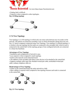 For more Https://www.ThesisScientist.com
• Finding fault is difficult.
• Expensive when compared to other topologies.
Fig 1.10 Ring topology
1.7.4 Tree Topology
Tree topology is a LAN topology in which only one route exists between any two nodes on the
network. The pattern of connection resembles a tree in which all branches spring from one root.
Fig 1.11 shows computers connected using Tree Topology. Tree topology is a hybrid topology, it
is similar to the star topology but the nodes are connected to the secondary hub, which in turn is
connected to the central hub. In this topology groups of star-configured networks are connected
to a linear bus backbone.
Advantages of Tree Topology
• Installation and configuration of network is easy.
• Less expensive when compared to mesh topology.
• Faults in the network can be detected traced.
• The addition of the secondary hub allows more devices to be attached to the central hub.
• Supports multiple cable types like shielded twisted pair cable, unshielded twisted pair
cable, ordinary telephone cable etc.
Disadvantages of Tree Topology
• Failure in the central hub brings the entire network to a halt.
• More cabling is required when compared to bus topology because each node is connected
to the central hub.
Fig 1.11 Tree topology
 