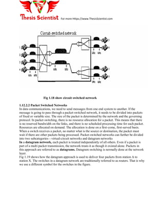 For more Https://www.ThesisScientist.com
Fig 1.18 show circuit switched network
1.12.2.2 Packet Switched Networks
In data communications, we need to send messages from one end system to another. If the
message is going to pass through a packet-switched network, it needs to be divided into packets
of fixed or variable size. The size of the packet is determined by the network and the governing
protocol. In packet switching, there is no resource allocation for a packet. This means that there
is no reserved bandwidth on the links, and there is no scheduled processing time for each packet.
Resources are allocated on demand. The allocation is done on a first-come, first-served basis.
When a switch receives a packet, no matter what is the source or destination, the packet must
wait if there are other packets being processed. Packet-switched networks can further be divided
into two subcategories—virtual-circuit networks and datagram networks
In a datagram network, each packet is treated independently of all others. Even if a packet is
part of a multi packet transmission, the network treats it as though it existed alone. Packets in
this approach are referred to as datagrams. Datagram switching is normally done at the network
layer.
Fig 1.19 shows how the datagram approach is used to deliver four packets from station A to
station X. The switches in a datagram network are traditionally referred to as routers. That is why
we use a different symbol for the switches in the figure.
 