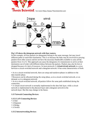 For more Https://www.ThesisScientist.com
Fig 1.19 shows the datagram network with four routers.
In this example, all four packets (or datagrams) belong to the same message, but may travel
different paths to reach their destination. This is so because the links may be involved in carrying
packets from other sources and do not have the necessary bandwidth available to carry all the
packets from A to X. This approach can cause the datagrams of a transmission to arrive at their
destination out of order with different delays between the packets. Packets may also be lost or
dropped because of a lack of resources. In most protocols A virtual-circuit network is a cross
between a circuit-switched network and a datagram network. It has some characteristics of both.
• As in a circuit-switched network, there are setup and teardown phases in addition to the
data transfer phase.
• Resources can be allocated during the setup phase, as in a circuit-switched network, or on
demand, as in a datagram network.
• As in a circuit-switched network, all packets follow the same path established during the
connection.
• A virtual-circuit network is normally implemented in the data link layer, while a circuit
network is implemented in the physical layer and a datagram network in the
network layer. But this may change in the future.
1.13 Network Connecting Devices:
1.13.1 LAN Connecting Devices
• A Hub
• A Repeater
• A Bridge
• A Switch
1.13.2 Internetworking Devices
 