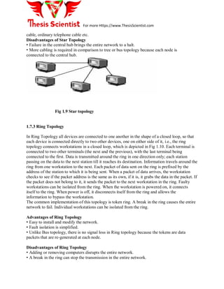 For more Https://www.ThesisScientist.com
cable, ordinary telephone cable etc.
Disadvantages of Star Topology
• Failure in the central hub brings the entire network to a halt.
• More cabling is required in comparison to tree or bus topology because each node is
connected to the central hub.
Fig 1.9 Star topology
1.7.3 Ring Topology
In Ring Topology all devices are connected to one another in the shape of a closed loop, so that
each device is connected directly to two other devices, one on either side of it, i.e., the ring
topology connects workstations in a closed loop, which is depicted in Fig 1.10. Each terminal is
connected to two other terminals (the next and the previous), with the last terminal being
connected to the first. Data is transmitted around the ring in one direction only; each station
passing on the data to the next station till it reaches its destination. Information travels around the
ring from one workstation to the next. Each packet of data sent on the ring is prefixed by the
address of the station to which it is being sent. When a packet of data arrives, the workstation
checks to see if the packet address is the same as its own, if it is, it grabs the data in the packet. If
the packet does not belong to it, it sends the packet to the next workstation in the ring. Faulty
workstations can be isolated from the ring. When the workstation is powered on, it connects
itself to the ring. When power is off, it disconnects itself from the ring and allows the
information to bypass the workstation.
The common implementation of this topology is token ring. A break in the ring causes the entire
network to fail. Individual workstations can be isolated from the ring.
Advantages of Ring Topology
• Easy to install and modify the network.
• Fault isolation is simplified.
• Unlike Bus topology, there is no signal loss in Ring topology because the tokens are data
packets that are re-generated at each node.
Disadvantages of Ring Topology
• Adding or removing computers disrupts the entire network.
• A break in the ring can stop the transmission in the entire network.
 
