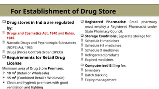 For Establishment of Drug Store
 Drug stores in India are regulated
by:
 Drugs and Cosmetics Act, 1940 and Rules,
1945
 Narcotic Drugs and Psychotropic Substances
(NDPS) Act, 1985
 Drugs (Prices Control) Order (DPCO)
 Requirements for Retail Drug
License
Minimum area of Drug Store Premises:
 10 m² (Retail or Wholesale)
 15 m² (Combined Retail + Wholesale)
 Clean and hygienic premises with good
ventilation and lighting
 Registered Pharmacist: Retail pharmacy
must employ a Registered Pharmacist under
State Pharmacy Council.
 Storage Conditions; Separate storage for:
 Schedule H medicines
 Schedule H1 medicines
 Schedule X medicines
 Refrigerated products
 Expired medicines
 Computerized Billing for:
 Inventory
 Batch tracking
 Expiry management
 