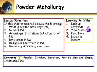 Powder Metallurgy
Lesson Objectives
In this chapter we shall discuss the following:
1. What is powder metallurgy (PM)
2. Need of PM
3. Advantages, Limitations & Application of
PM
4. Basic steps in PM
5. Design considerations in PM
6. Secondary & finishing operations
Learning Activities
1. Look up
Keywords
2. View Slides;
3. Read Notes,
4. Listen to
lecture
Keywords: Powder, Blending, Sintering, Particle size and shape,
Infiltration etc.
 