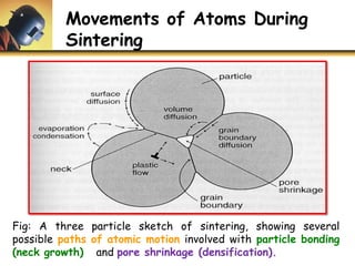 Movements of Atoms During
Sintering
Fig: A three particle sketch of sintering, showing several
possible paths of atomic motion involved with particle bonding
(neck growth) and pore shrinkage (densification).
 