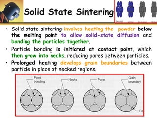 Solid State Sintering
• Solid state sintering involves heating the powder below
the melting point to allow solid-state diffusion and
bonding the particles together.
• Particle bonding is initiated at contact point, which
then grow into necks, reducing pores between particles.
• Prolonged heating develops grain boundaries between
particle in place of necked regions.
 