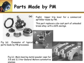 Parts Made by PM
Fig (a) Examples of typical
parts made by PM processes.
(b)
(c)
Fig (c) Main-bearing metal-powder caps for
3.8 and 3.1 liter General Motors automotive
engines.
Fig(b) Upper trip lever for a commercial
sprinkler made by PM.
This part replaces a die-cast part of unleaded
brass alloy; with a 60% savings.
(b
(a)
 