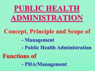 PUBLIC HEALTH
ADMINISTRATION
Concept, Principle and Scope of,
- Management
- Public Health Administration
Functions of
- PHA/Management
 
