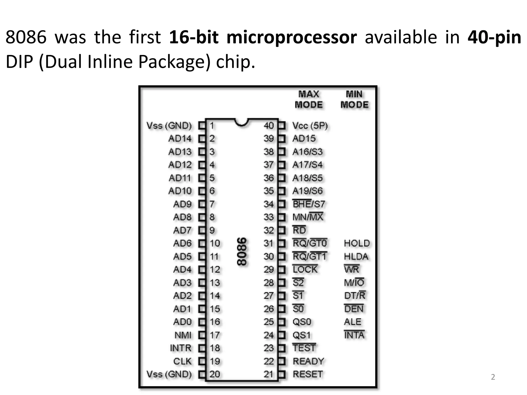 8086 was the first 16-bit microprocessor available in 40-pin
DIP (Dual Inline Package) chip.
2
 