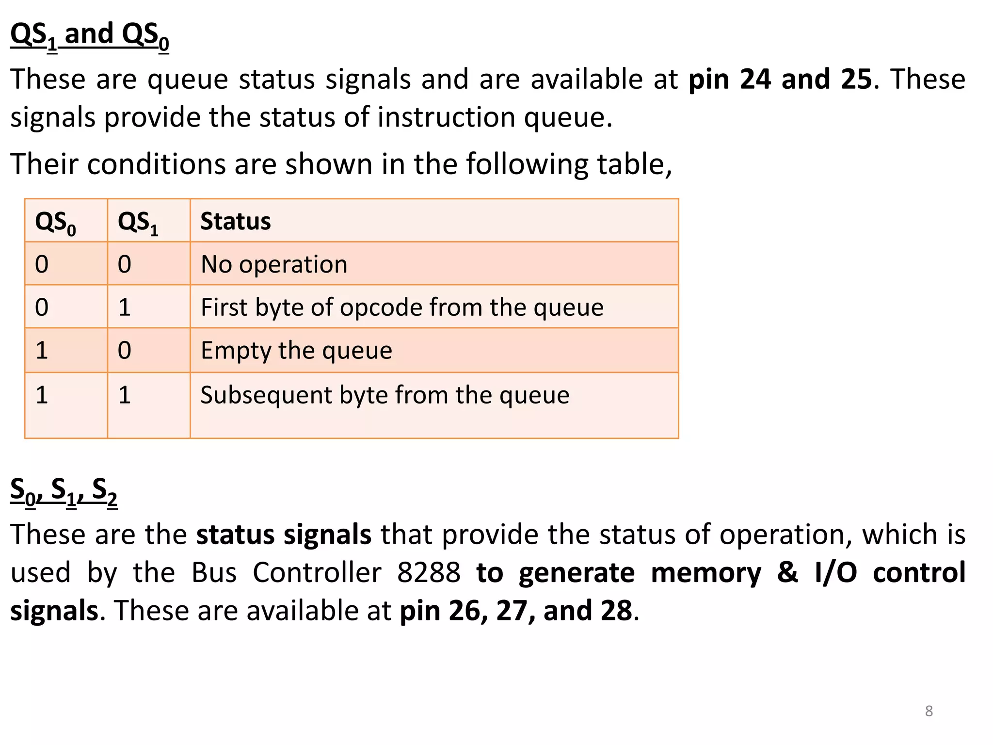 QS1 and QS0
These are queue status signals and are available at pin 24 and 25. These
signals provide the status of instruction queue.
Their conditions are shown in the following table,
S0, S1, S2
These are the status signals that provide the status of operation, which is
used by the Bus Controller 8288 to generate memory & I/O control
signals. These are available at pin 26, 27, and 28.
QS0 QS1 Status
0 0 No operation
0 1 First byte of opcode from the queue
1 0 Empty the queue
1 1 Subsequent byte from the queue
8
 