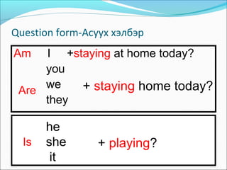 Question form-Асуух хэлбэр
Am I +staying at home today?
you
we
they
Are + staying home today?
Is
he
she
it
+ playing?
 