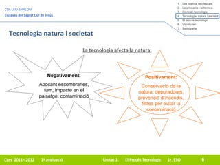 Tecnologia natura i societat La tecnologia afecta la natura: Negativament: Abocant escombraries, fum, impacte en el paisatge, contaminació Positivament: Conservació de la natura, depuradores, prevenció d’incendis, filtres per evitar la contaminació 