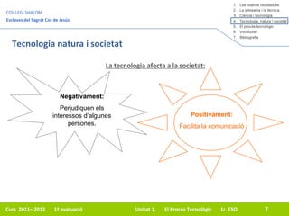Tecnologia natura i societat La tecnologia afecta a la societat: Negativament: Perjudiquen els interessos d’algunes persones. Positivament: Facilita la comunicació 