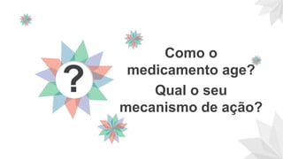 Como o
medicamento age?
Qual o seu
mecanismo de ação?
?
 