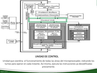 UNIDAD DE CONTROL
Unidad que coordina el funcionamiento de todas las áreas del microprocesador, indicando los
turnos para operar en cada instante. Así mismo, ejecuta las instrucciones ya decodificadas
previamente.
 