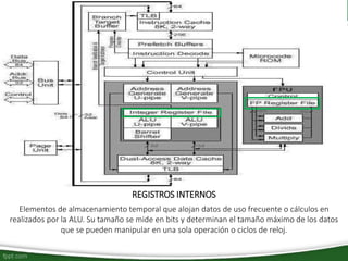 REGISTROS INTERNOS
Elementos de almacenamiento temporal que alojan datos de uso frecuente o cálculos en
realizados por la ALU. Su tamaño se mide en bits y determinan el tamaño máximo de los datos
que se pueden manipular en una sola operación o ciclos de reloj.
 