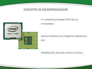 C.I. complejo que alberga el CPU de una
computadora.
Ejecuta el Software (S.O, Programas, Aplicaciones,
etc.)
Decodificación, Ejecución, Lectura y Escritura.
CONCEPTO DE MICROPROCESADOR
 