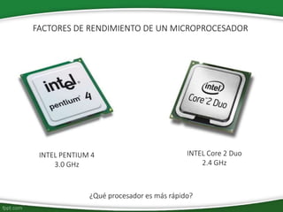 INTEL PENTIUM 4
3.0 GHz
INTEL Core 2 Duo
2.4 GHz
¿Qué procesador es más rápido?
FACTORES DE RENDIMIENTO DE UN MICROPROCESADOR
 