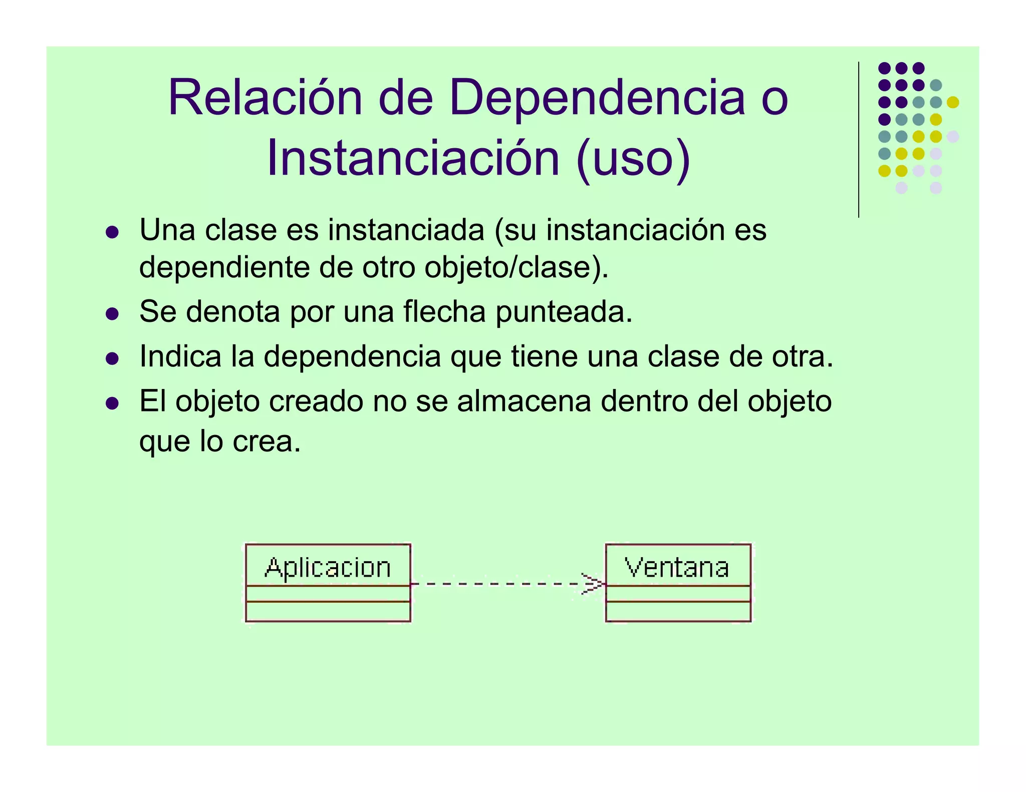 Relación de Dependencia o
          Instanciación (uso)
   Una clase es instanciada (su instanciación es
    dependiente de otro objeto/clase).
   Se denota por una flecha punteada.
   Indica la dependencia que tiene una clase de otra.
   El objeto creado no se almacena dentro del objeto
    que lo crea.
 