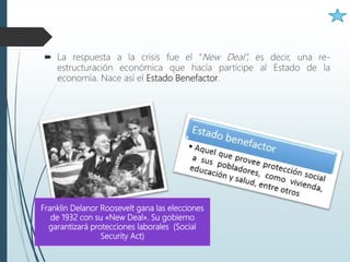 Franklin Delanor Roosevelt gana las elecciones
de 1932 con su «New Deal». Su gobierno
garantizará protecciones laborales (Social
Security Act)
 La respuesta a la crisis fue el “New Deal”, es decir, una re-
estructuración económica que hacía partícipe al Estado de la
economía. Nace así el Estado Benefactor.
 