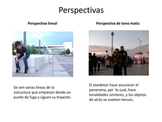 Perspectivas
Perspectiva lineal
Se ven varias líneas de la
estructura que empiezan desde un
punto de fuga y siguen su trayecto.
Perspectiva de tono matiz
El atardecer hace oscurecer el
panorama, por lo cual, hace
tonalidades similares, y los objetos
de atrás se vuelven tenues.
 