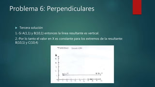 Problema 6: Perpendiculares
 Tercera solución
1.-Si A(1,1) y B(10,1) entonces la línea resultante es vertical.
2.-Por lo tanto el valor en X es constante para los extremos de la resultante:
B(10,1) y C(10,4)
 