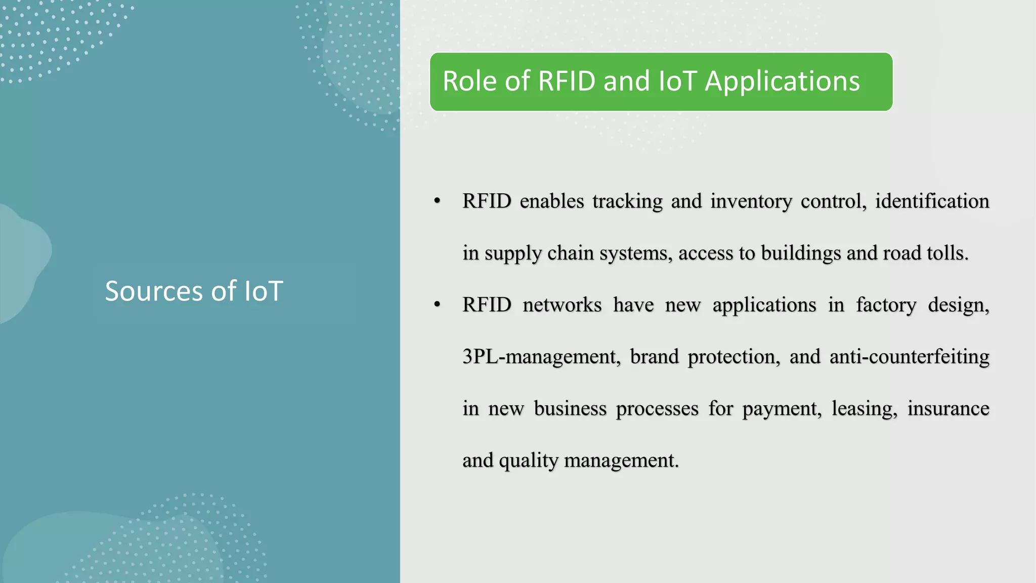 Sources of IoT
Role of RFID and IoT Applications
• RFID enables tracking and inventory control, identification
in supply chain systems, access to buildings and road tolls.
• RFID networks have new applications in factory design,
3PL-management, brand protection, and anti-counterfeiting
in new business processes for payment, leasing, insurance
and quality management.
