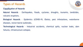 Types of Hazards
Classification of Hazards
Natural Hazards – Earthquakes, floods, cyclones, droughts, tsunamis, landslides,
volcanic eruptions.
Biological Hazards – Epidemics (COVID-19, Ebola), pest infestations, waterborne
diseases, vector-borne outbreaks.
Technological Hazards – Industrial accidents, chemical spills, nuclear leaks, dam
failures, infrastructure collapse.
 