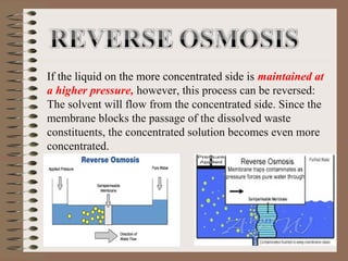 If the liquid on the more concentrated side is maintained at
a higher pressure, however, this process can be reversed:
The solvent will flow from the concentrated side. Since the
membrane blocks the passage of the dissolved waste
constituents, the concentrated solution becomes even more
concentrated.
 