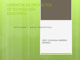 GERENCIA DE PROYECTOS
DE TECNOLOGÍA
EDUCATIVA
LEIDY JOHANNA HERRERA
ESPARZA
A C T I V I D A D 1 : M A P A C O N C E P T U A L
 