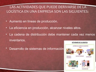 LAS ACTIVIDADES QUE PUEDE DERIVARSE DE LA
LOGÍSTICA EN UNA EMPRESA SON LAS SIGUIENTES:
• Aumento en líneas de producción.
• La eficiencia en producción, alcanzar niveles altos.
• La cadena de distribución debe mantener cada vez menos
inventarios.
• Desarrollo de sistemas de información
 