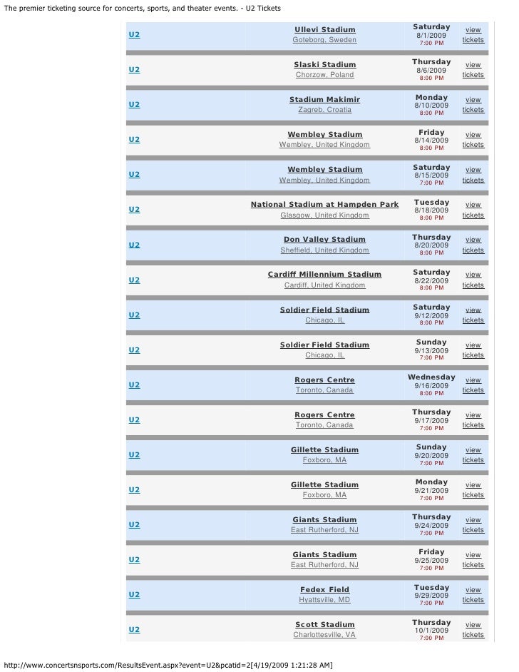 U2 Worldwide Concert Tour Dates for 2009