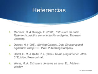 Referencias


1.   Martínez, R. & Quiroga, E. (2001). Estructura de datos.
     Referencia práctica con orientación a objetos. Thomson
     Learning.

2.   Decker, H. (1993). Working Classes. Data Structures and
     algorithms using C++. PWS Publishing Company.

3.   Deitel, H. M. & Deitel P. J. (2004). Cómo programar en JAVA
     5ª Edición. Pearson Hall.

4.   Weiss, M. A. Estructura de datos en Java. Ed. Addison
     Wesley.
                                                             U2. Recursividad.
 