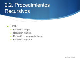 2.2. Procedimientos
Recursivos

 S TIPOS:
   S Recursión simple
   S Recursión múltiple
   S Recursión cruzada o indirecta
   S Recursión anidada




                                     U2. Recursividad.
 