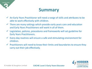 CACHE Level 3 Early Years Educator© Hodder & Stoughton Limited
 An Early Years Practitioner will need a range of skills and attributes to be
able to work effectively with children.
 There are many settings which provide early years care and education
and Early Years Practitioners will work in all of them.
 Legislation, policies, procedures and frameworks will set guideline for
Early Years Practitioners.
 Every day routines will ensure a safe and stimulating environment for
children.
 Practitioners will need to know their limits and boundaries to ensure they
carry out their job effectively.
Summary
 