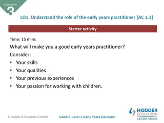 CACHE Level 3 Early Years Educator© Hodder & Stoughton Limited
Starter activity
LO1. Understand the role of the early years practitioner [AC 1.1]
Time: 15 mins
What will make you a good early years practitioner?
Consider:
• Your skills
• Your qualities
• Your previous experiences
• Your passion for working with children.
 