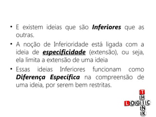 • E existem ideias que são Inferiores que as
outras.
• A noção de Inferioridade está ligada com a
ideia de especificidade (extensão), ou seja,
ela limita a extensão de uma ideia
• Essas ideias Inferiores funcionam como
Diferença Específica na compreensão de
uma ideia, por serem bem restritas.
 
