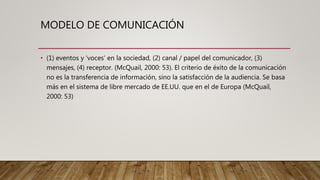 MODELO DE COMUNICACIÓN
• (1) eventos y ‘voces’ en la sociedad, (2) canal / papel del comunicador, (3)
mensajes, (4) receptor. (McQuail, 2000: 53). El criterio de éxito de la comunicación
no es la transferencia de información, sino la satisfacción de la audiencia. Se basa
más en el sistema de libre mercado de EE.UU. que en el de Europa (McQuail,
2000: 53)
 