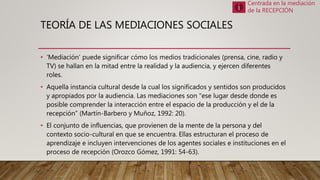 TEORÍA DE LAS MEDIACIONES SOCIALES
• ‘Mediación’ puede significar cómo los medios tradicionales (prensa, cine, radio y
TV) se hallan en la mitad entre la realidad y la audiencia, y ejercen diferentes
roles.
• Aquella instancia cultural desde la cual los significados y sentidos son producidos
y apropiados por la audiencia. Las mediaciones son "ese lugar desde donde es
posible comprender la interacción entre el espacio de la producción y el de la
recepción” (Martín-Barbero y Muñoz, 1992: 20).
• El conjunto de influencias, que provienen de la mente de la persona y del
contexto socio-cultural en que se encuentra. Ellas estructuran el proceso de
aprendizaje e incluyen intervenciones de los agentes sociales e instituciones en el
proceso de recepción (Orozco Gómez, 1991: 54-63).
Centrada en la mediación
de la RECEPCIÓN
 