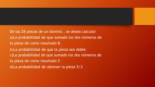 De las 28 piezas de un dominó , se desea calcular
a)La probabilidad de que sumado los dos números de
la pieza de como resultado 8.
b)La probabilidad de que la pieza sea doble
c)La probabilidad de que sumado los dos números de
la pieza de como resultado 5
d)La probabilidad de obtener la pieza 5/3
 
