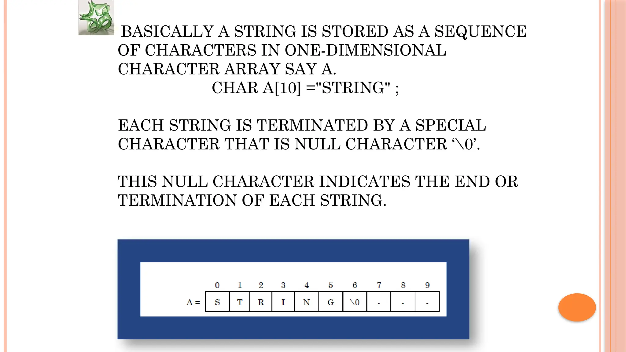 BASICALLY A STRING IS STORED AS A SEQUENCE OF CHARACTERS IN ONE-DIMENSIONAL CHARACTER ARRAY SAY A. CHAR A[10] ="STRING" ; EACH STRING IS TERMINATED BY A SPECIAL CHARACTER THAT IS NULL CHARACTER ‘0’. THIS NULL CHARACTER INDICATES THE END OR TERMINATION OF EACH STRING. 