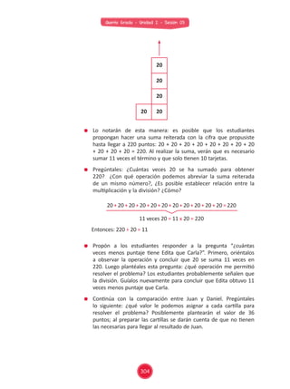 Quinto Grado - Unidad 2 - Sesión 03
	 Lo notarán de esta manera: es posible que los estudiantes
propongan hacer una suma reiterada con la cifra que propusiste
hasta llegar a 220 puntos: 20 + 20 + 20 + 20 + 20 + 20 + 20 + 20
+ 20 + 20 + 20 = 220. Al realizar la suma, verán que es necesario
sumar 11 veces el término y que solo tienen 10 tarjetas.
	 Pregúntales: ¿Cuántas veces 20 se ha sumado para obtener
220? ¿Con qué operación podemos abreviar la suma reiterada
de un mismo número?, ¿Es posible establecer relación entre la
multiplicación y la división? ¿Cómo?
20 + 20 + 20 + 20 + 20 + 20 + 20 + 20 + 20 + 20 + 20 = 220
11 veces 20 = 11 x 20 = 220
	 Propón a los estudiantes responder a la pregunta “¿cuántas
veces menos puntaje tiene Edita que Carla?”. Primero, oriéntalos
a observar la operación y concluir que 20 se suma 11 veces en
220. Luego plantéales esta pregunta: ¿qué operación me permitió
resolver el problema? Los estudiantes probablemente señalen que
la división. Guíalos nuevamente para concluir que Edita obtuvo 11
veces menos puntaje que Carla.
	 Continúa con la comparación entre Juan y Daniel. Pregúntales
lo siguiente: ¿qué valor le podemos asignar a cada cartilla para
resolver el problema? Posiblemente plantearán el valor de 36
puntos; al preparar las cartillas se darán cuenta de que no tienen
las necesarias para llegar al resultado de Juan.
20
20
20
20
20
Entonces: 220 ÷ 20 = 11
304
Z_282 - 309 - S01 a S03.indd 304 17/09/15 21:39
 