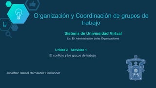 Organización y Coordinación de grupos de
trabajo
Sistema de Universidad Virtual
Lic. En Administración de las Organizaciones
Unidad 2 Actividad 1
Jonathan Ismael Hernandez Hernandez
El conflicto y los grupos de trabajo
 