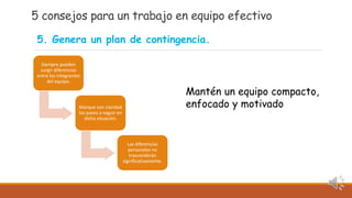 5 consejos para un trabajo en equipo efectivo
Siempre pueden
surgir diferencias
entre los integrantes
del equipo.
Marque con claridad
los pasos a seguir en
dicha situación.
Las diferencias
personales no
trascenderán
significativamente.
5. Genera un plan de contingencia.
Mantén un equipo compacto,
enfocado y motivado
 