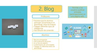 2. Blog Permite a los
usuarios publicar
entradas
(participaciones) en
una página web.
• Favorece que los alumnos
participen activamente en el
aprendizaje. (Input & Output)
• Trabajan diferentes tipos de
inteligencias.
• Fácil difusión de contenido
• Recurso enriquecido
• Fácil publicación & acceso.
• Es un recurso abierto.
• Conformación de comunidades.
• Trabajan los diferentes estilos de
aprendizaje.
Profesores:
Alumnos:
 