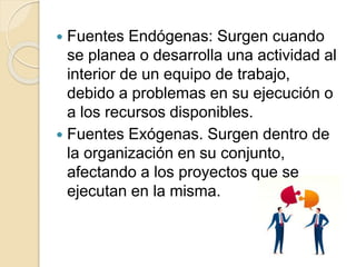  Fuentes Endógenas: Surgen cuando
se planea o desarrolla una actividad al
interior de un equipo de trabajo,
debido a problemas en su ejecución o
a los recursos disponibles.
 Fuentes Exógenas. Surgen dentro de
la organización en su conjunto,
afectando a los proyectos que se
ejecutan en la misma.
 
