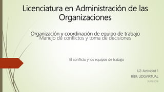 Licenciatura en Administración de las
Organizaciones
Organización y coordinación de equipo de trabajo
Manejo de conflictos y toma de decisiones
El conflicto y los equipos de trabajo
U2-Actividad 1
RIBF, UDGVIRTUAL
26/09/2018
 