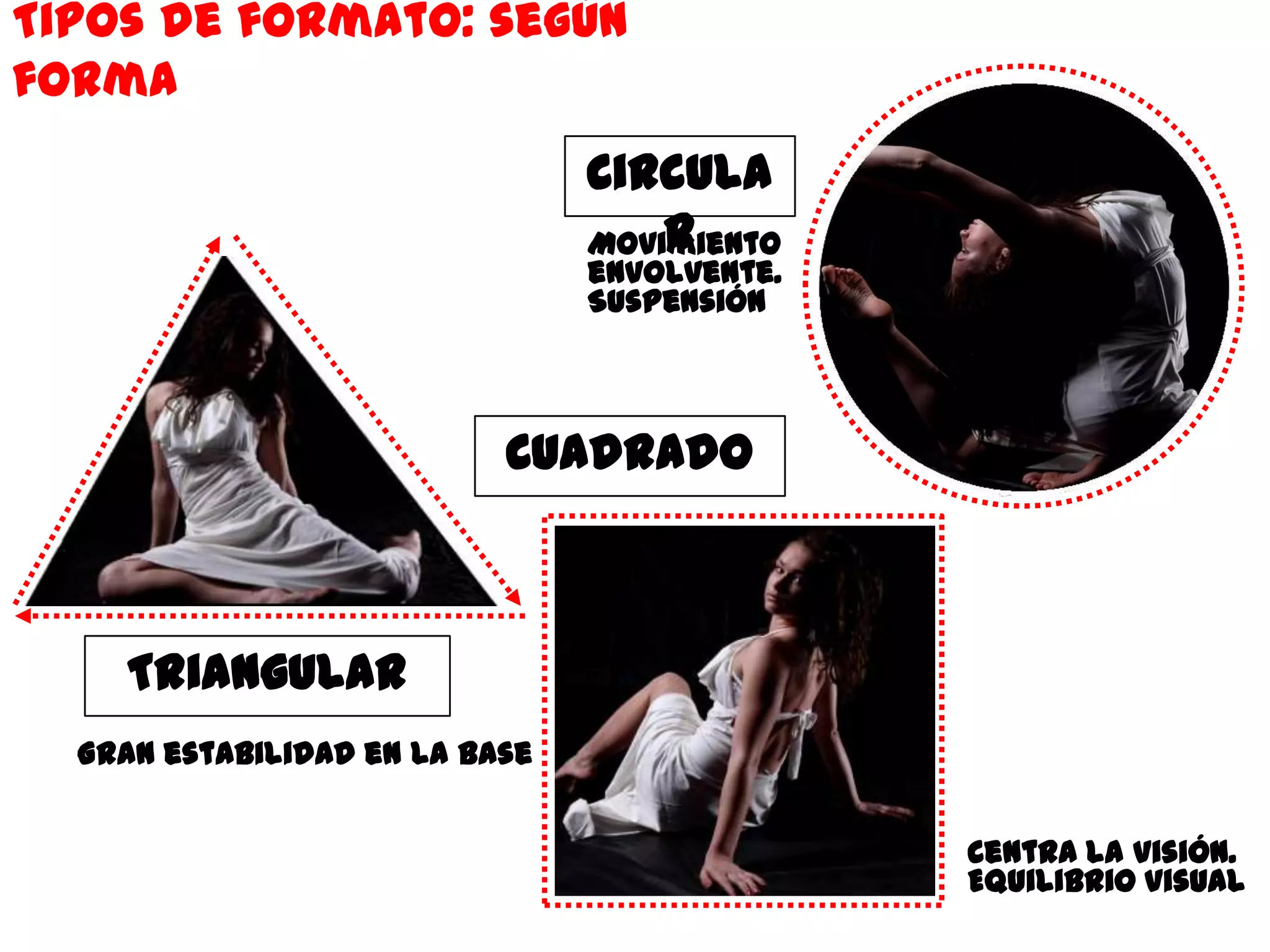 Tipos de formato: según
forma
                                Circula
                                    r
                                Movimiento
                                envolvente.
                                Suspensión



                           Cuadrado



    Triangular
  Gran estabilidad en la base


                                              Centra la visión.
                                              Equilibrio visual
 