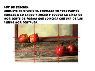 Ley de tercios.
Consiste en dividir el formato en tres partes
iguales a lo largo y ancho y coloca la línea de
horizonte de forma que coincida con una de las
líneas horizontales.
 