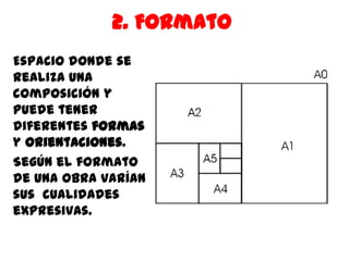 2. Formato
Espacio donde se
realiza una
composición y
puede tener
diferentes formas
y orientaciones.
Según el formato
de una obra varían
sus cualidades
expresivas.
 